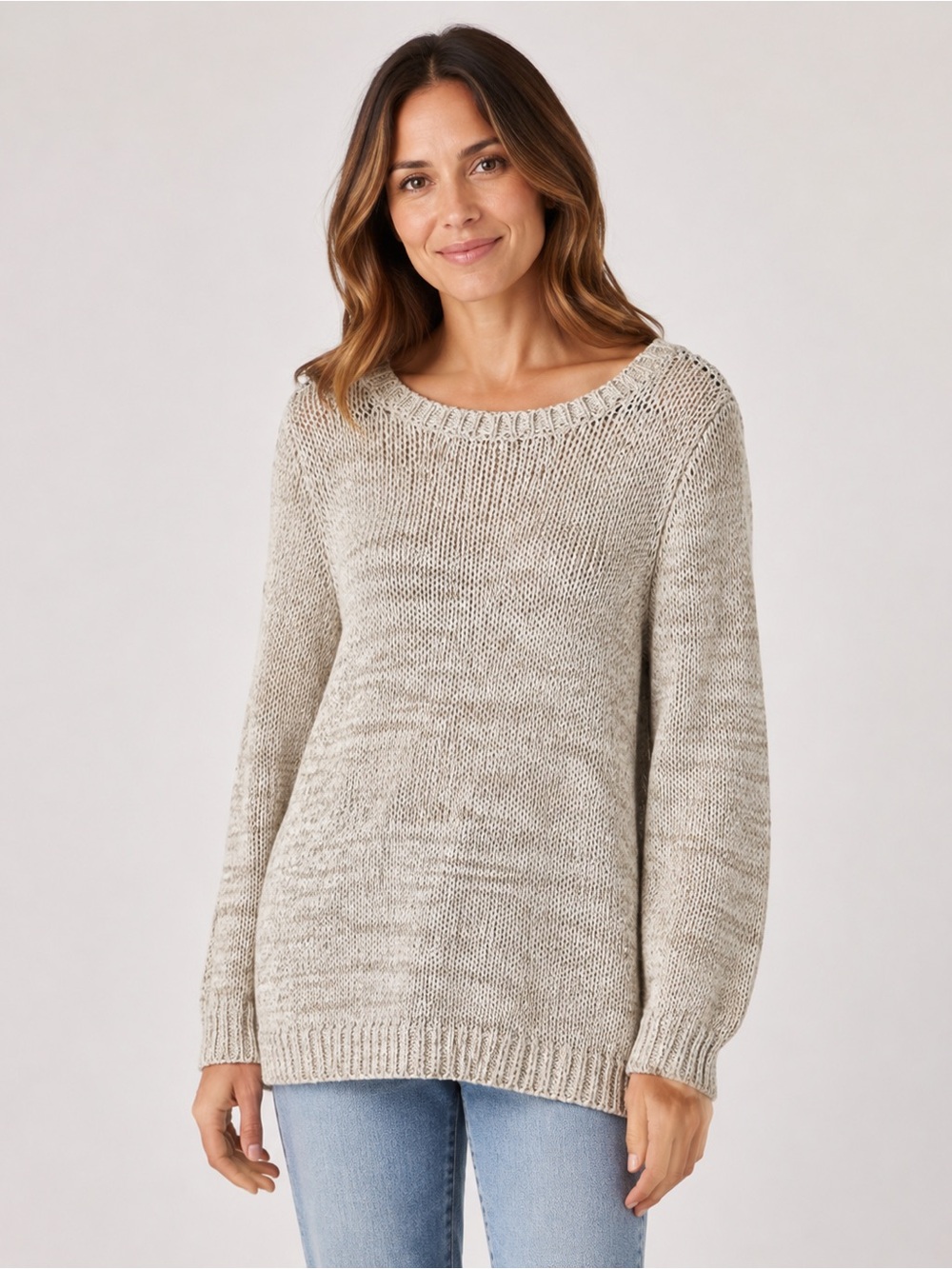 Eileen Fisher Sweater Womens L Beige Linen Blend Open Knit Crewneck Long Sleeve
